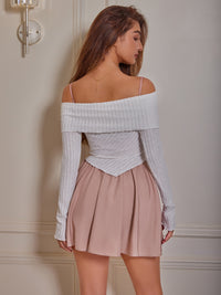 Two Piece Outfit Set ruffle skirt Mini Dress includes Off-Shoulder Ribbed Long Sleeve Top KESLEY