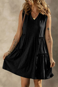 Black Split V Neck Tiered Flowy Sleeveless Dress