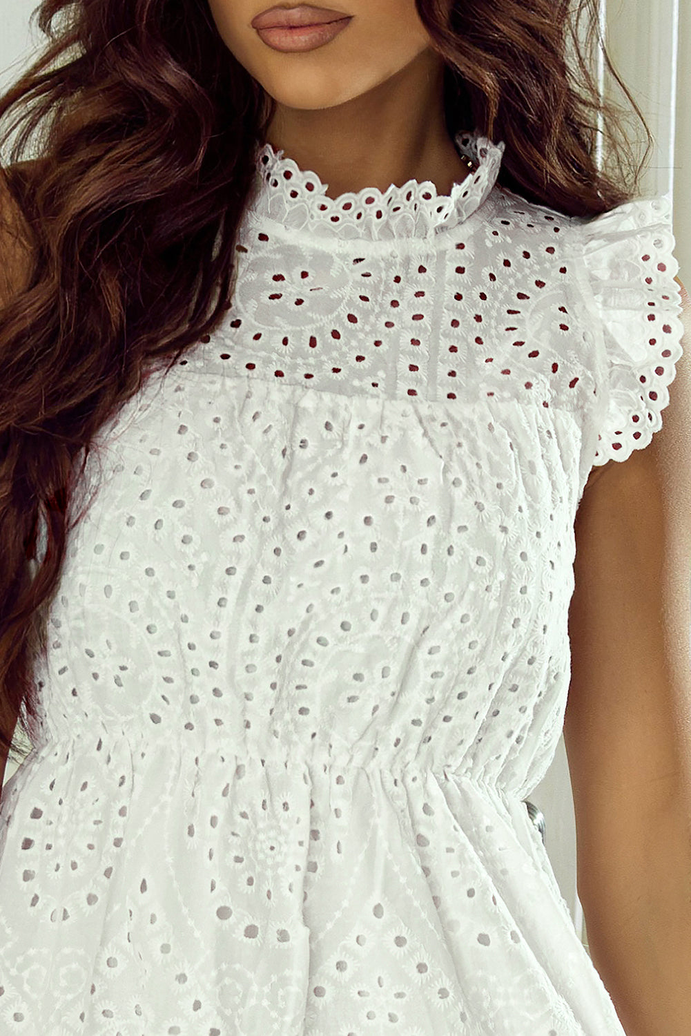 White Casual Short Dress 100% Cotton Premium Luxury Eyelet Ruffled Cap Sleeve Mini Dress