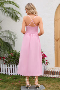 Casual Summer Maxi Dress Women's Fashion Crisscross Smocked Spaghetti Strap Dress