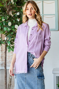 Denim Shirt Women's Fashion Lilac Raw Hem Button Up Long Sleeve Shirt