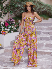 Spaghetti Strap Jumpsuit Women's Fashion Front Cutout Printed Pants Romper and Playsuits