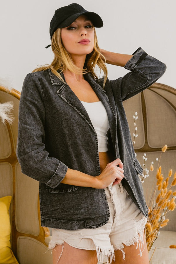 KESLEY Single Breasted Washed Denim Blazer 100% Cotton Premium Luxury Jean Jacket