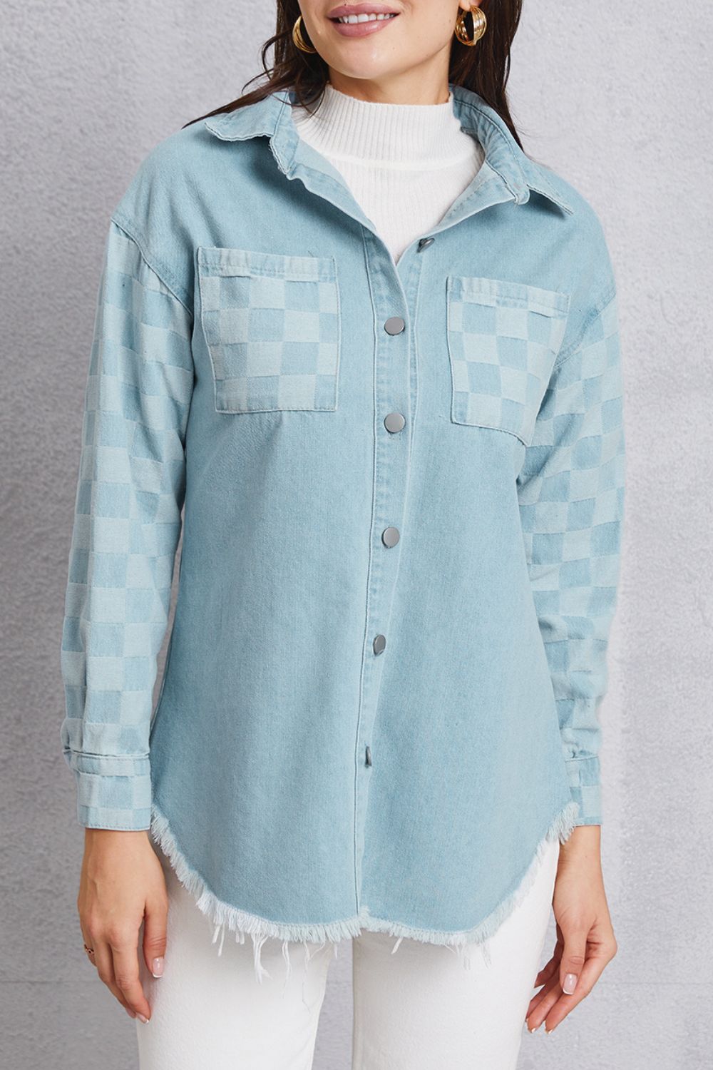 Raw Hem Checkered Dropped Shoulder Denim Jacket