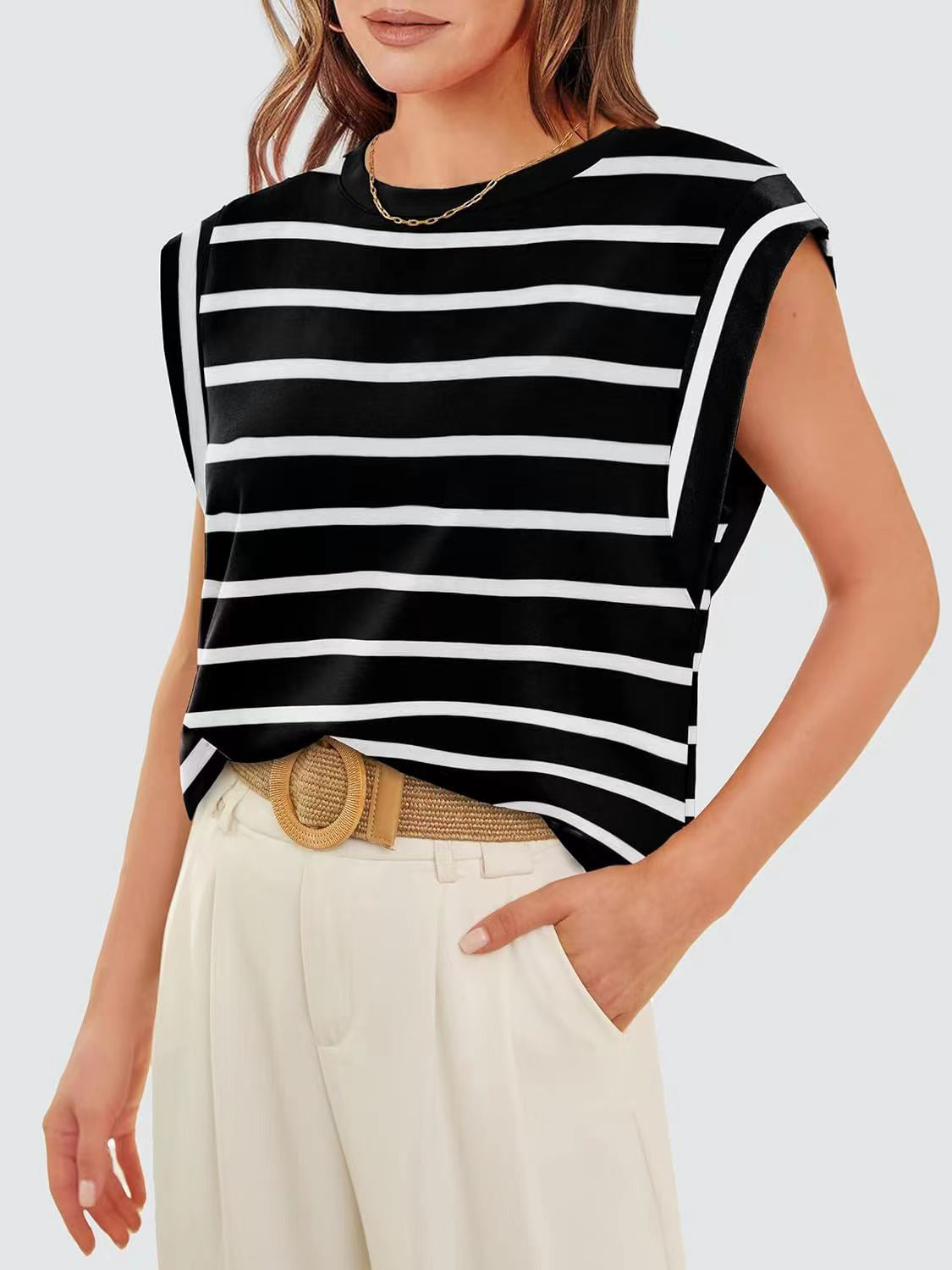 Striped Round Neck Cap Sleeve T-Shirt Women's Short Sleeve Top With Stripes KESLEY