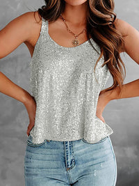 Sequin Scoop Neck Tank Top Women's Loose Fit Sleeveless Shiny Shirt