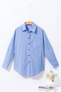 Sky Blue Stripe Roll-tab Sleeve Pocketed Long Shirt