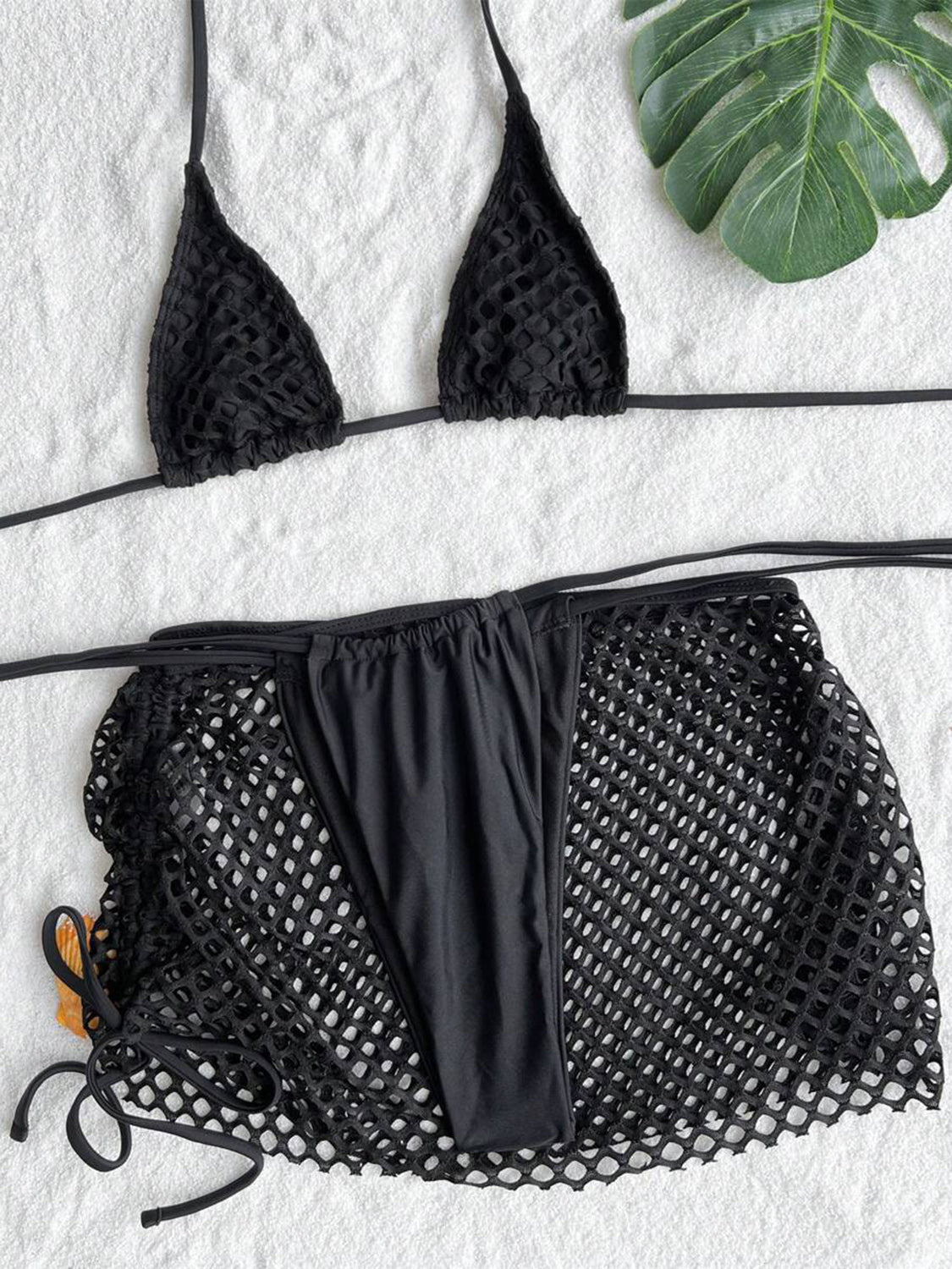 Bikini Set Sexy Cutout Crochet Halter Neck triangle Bikini Top Tied Bottoms and Skirt Three-Piece Swim Set Luxury Premium Nylon