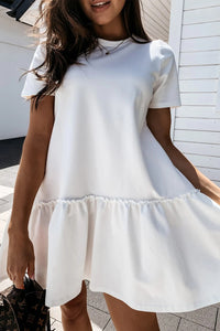 White Frilly Splicing Hem Short Sleeve Casual Dress