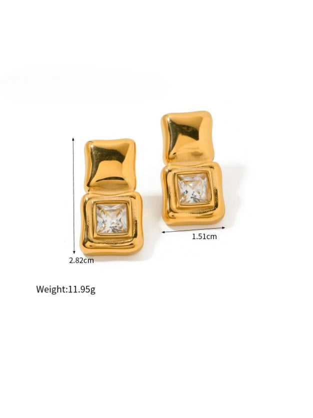 Square Drop Big Gold Earrings Studs 18K Gold Plated Cubic Zirconia Double Square Statement Earrings KESLEY
