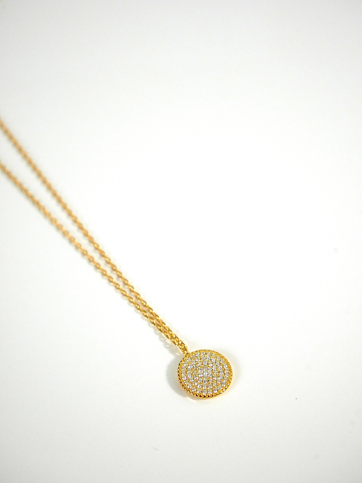 necklaces, gold plated, rhinestone, pave cz cubic zirconia, circle necklaces, coin, dainty, waterproof, hypoallergenic, popular, dainty, influencer style casual necklaces Kesley Boutique