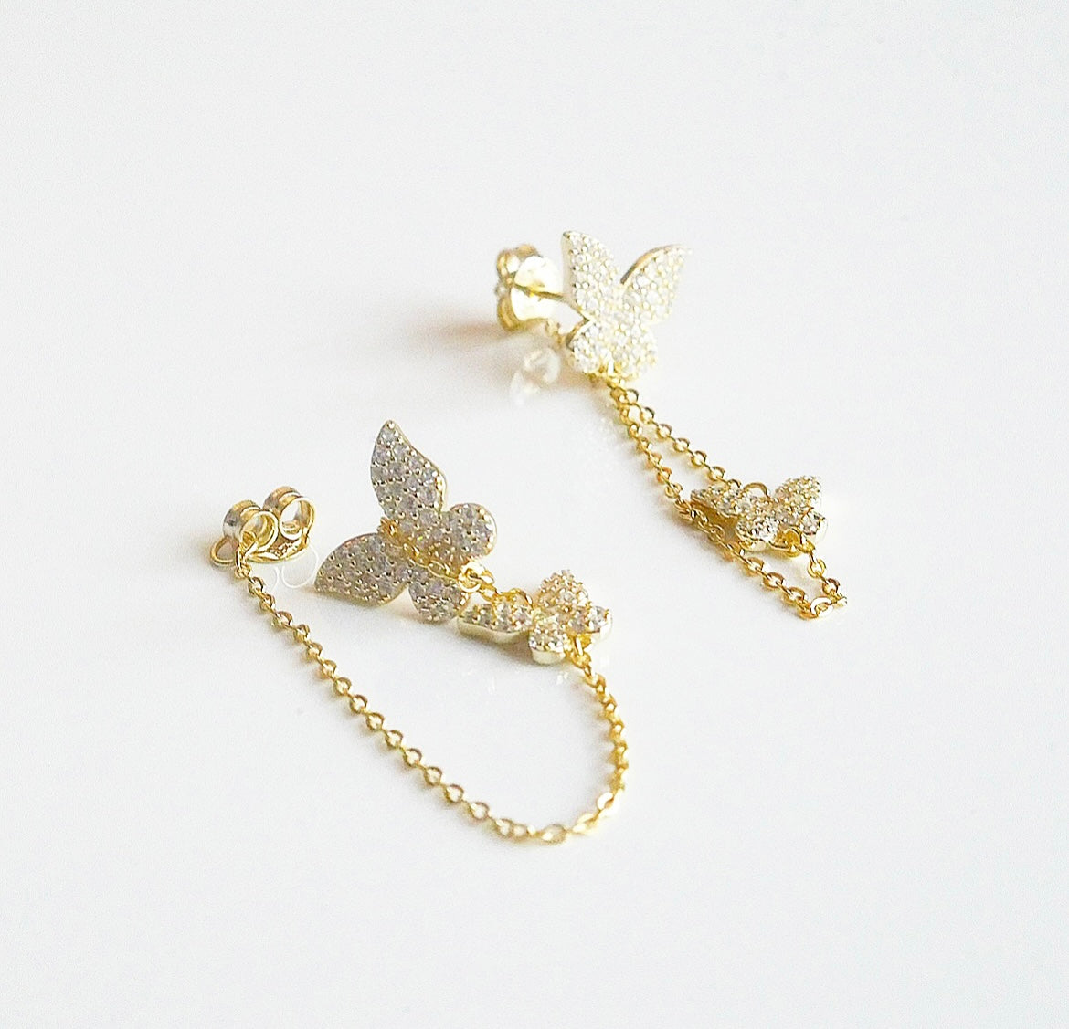 gold pated earrings, long with rhinestone, butterfly chain earrings two butterflies, pave diamond cz cubic zirconia simulated diamonds, waterproof, hypoallergenic, unique butterfly earrings