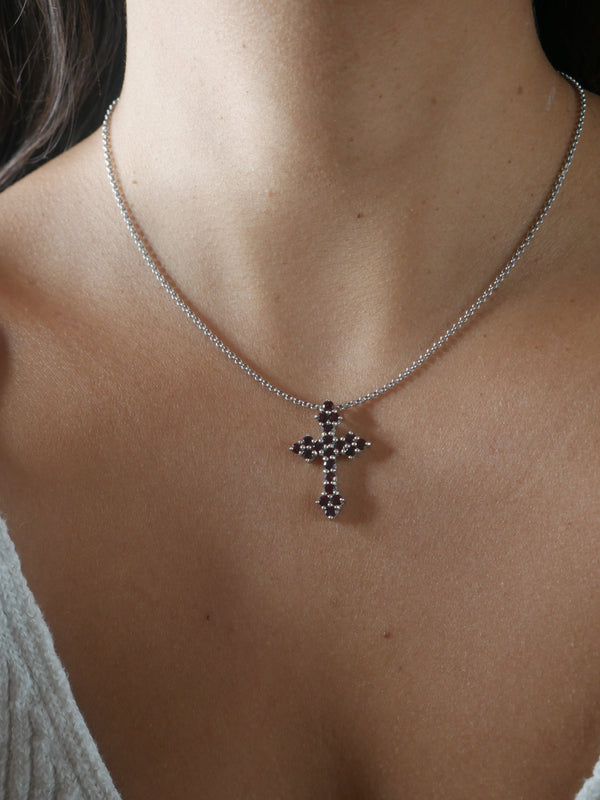 Red cross necklace, garnet gemstone. designer necklaces with real gem. Ruby gemstones Kesley Boutique  