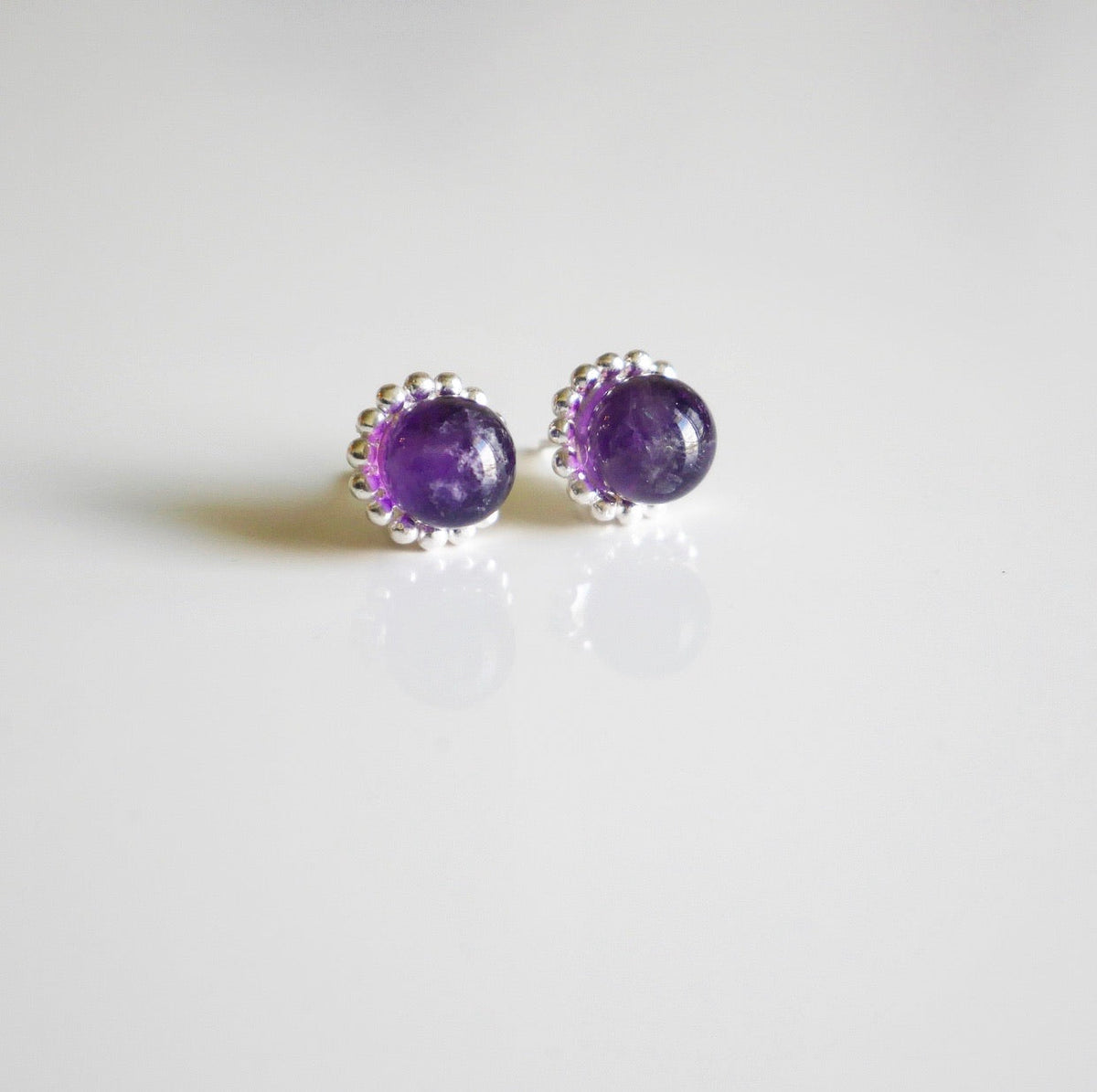 ametyst cabochon earrings studs .925 sterling silver natural purple stone and crystal waterproof for sensitive ears Kesley Boutique 