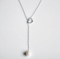 Pearl Lariat Necklace 925 Sterling Silver Heart Drop Necklace