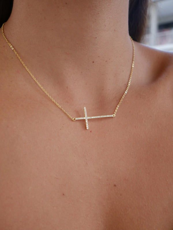 cross necklace, cross necklaces, nice cross necklaces, gold cross necklaces, side cross necklaces, cool cross necklaces, birthday gifts, anniversary gifts, graduation gifts, nice jewelry, womens jewelry, religious gifts, statement necklaces, big cross necklaces, dainty cross necklaces, gold vermeil necklaces, fine jewelry, zircon necklaces, rhinestone cross necklaces, cute necklaces, 16 inch necklace , kesley jewelry