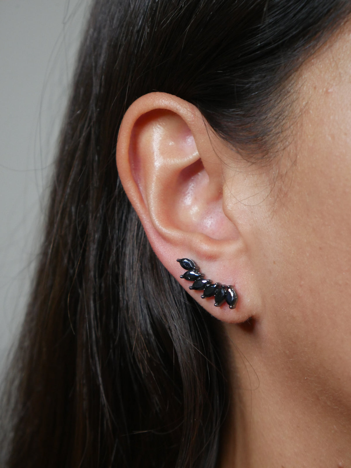 Black Glamorous Leaves CZ Ear Crawler/Pin .925 Sterling Silver Earrings