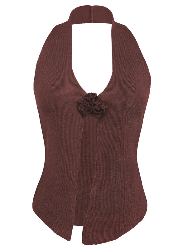 Women's Sexy Halter Neck Top with Flower Rose  Knit Vest Blouse