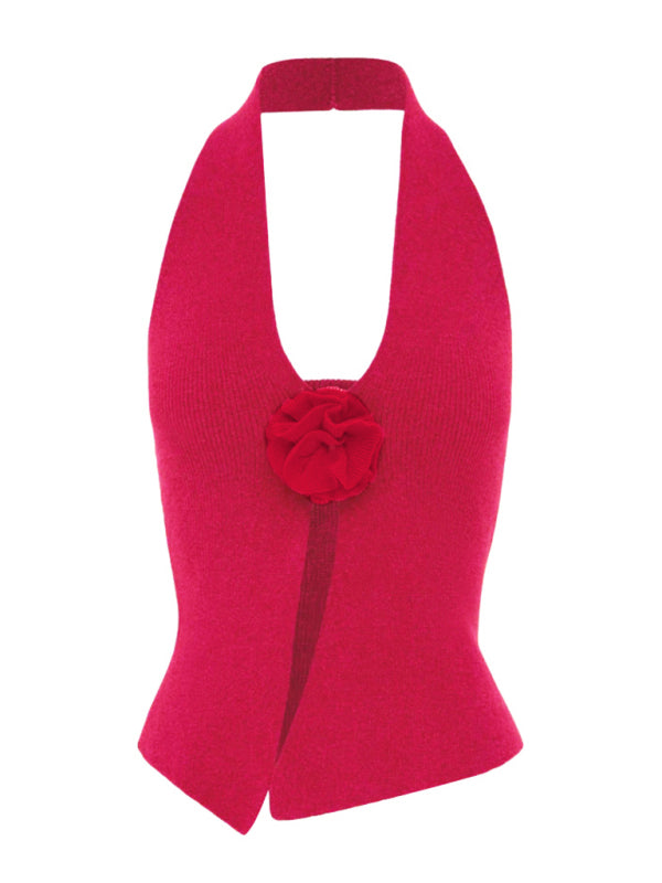 Women's Sexy Halter Neck Top with Flower Rose  Knit Vest Blouse
