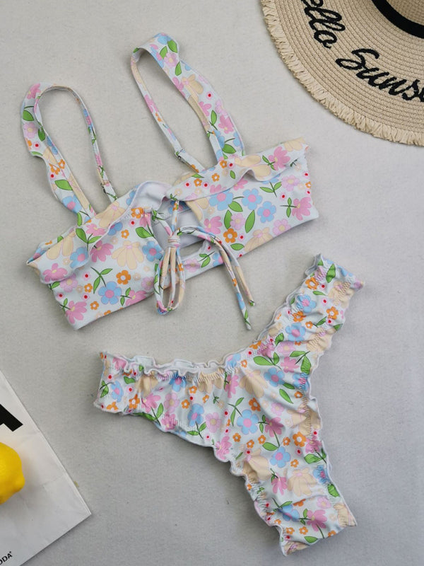 Women's new multi-color printed small fresh swimsuit lace split swimsuit bikini
