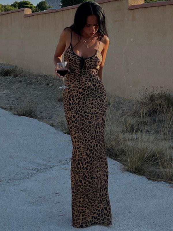 Women's halter neck fashion strap sexy backless leopard print dress