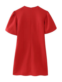 Balloon Sleeve Short Red Dress with Heart Detail Women's Fashion Short Sleeve Mini Dress