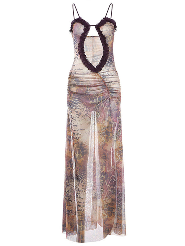 New Fashion Digital Print Sexy Hollow Sleeveless Halter Neck Wrap Chest and Backless Long Dress