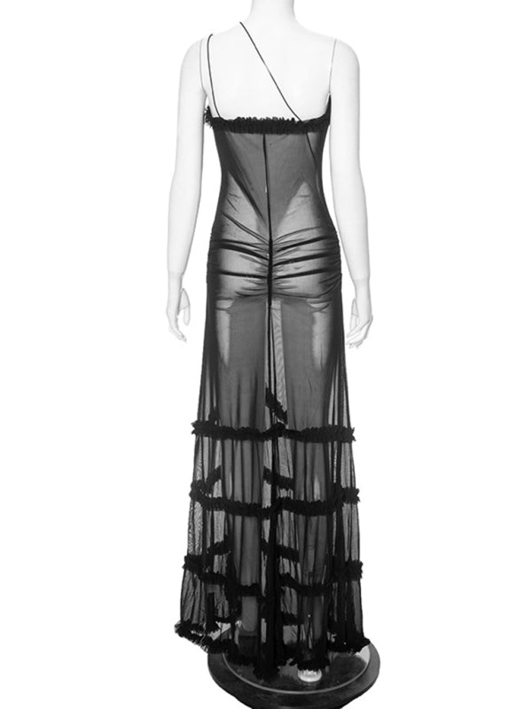 New suspender hollow pleated lace slit dress plunging neckline sexy maxi dress sheer front cutout kesley