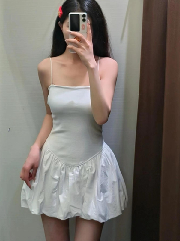 New casual sexy suspender splicing puffy dress