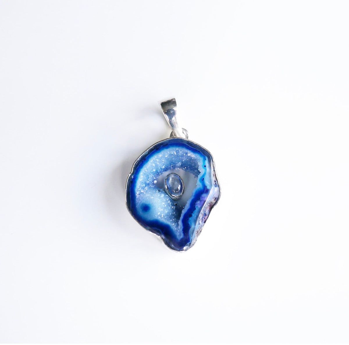 Blue Agate and Blue Kyanite Handmade Cave Gem .925 Sterling Silver Pendant