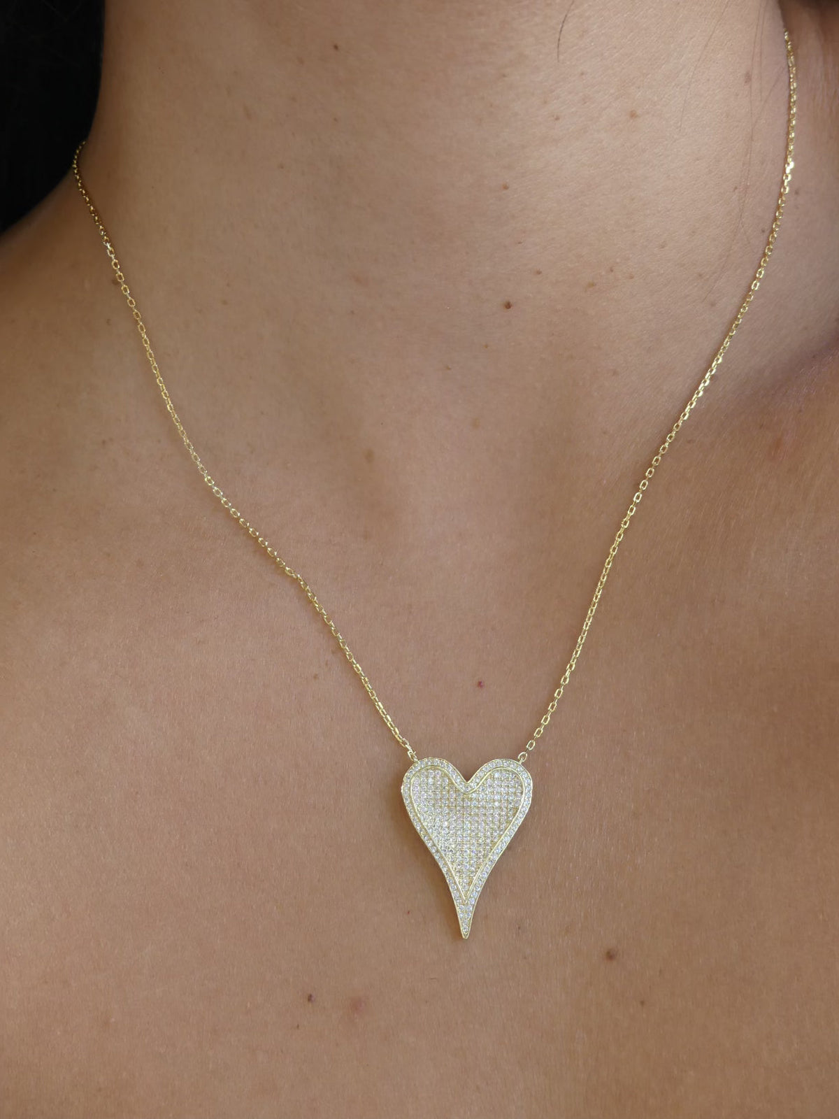 Large heart diamond cz necklace in gold .925 sterling silver gold plate. Sparkly heart necklace by Kesley Boutique