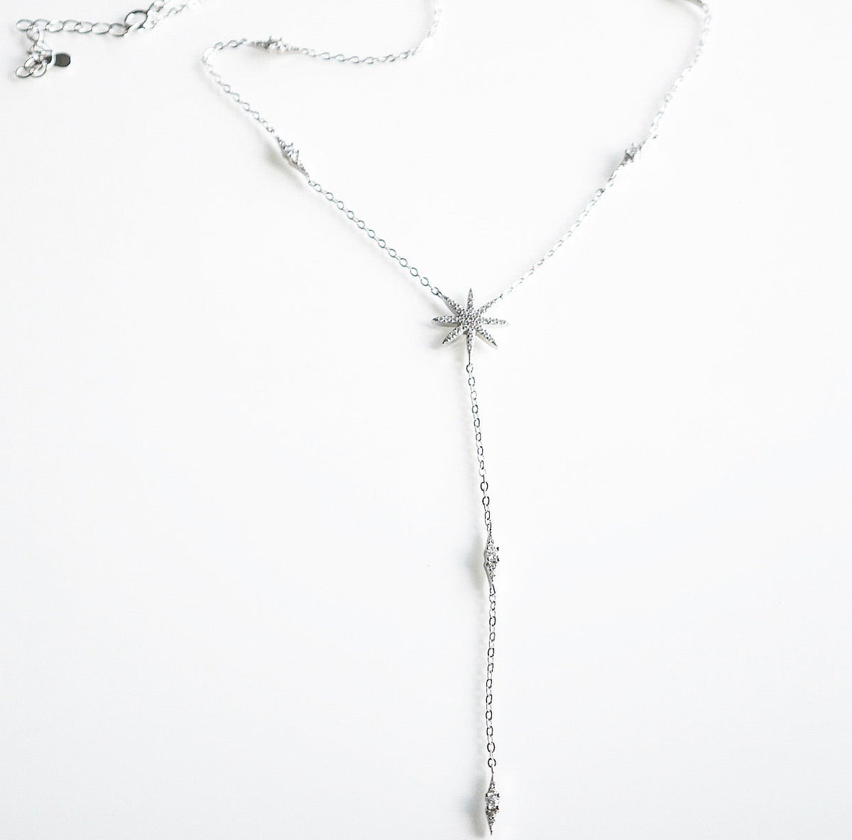Starburst Lariat Silver Necklace, .925 Sterling Silver Y Diamond Cubic Zirconia Dainty Necklace