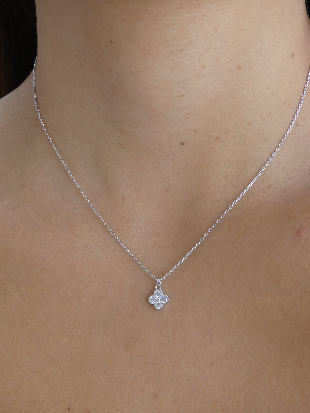 Daily Clover Silver Necklace, Diamond Cubic Zirconia .925 Dainty Sterling Silver Necklace