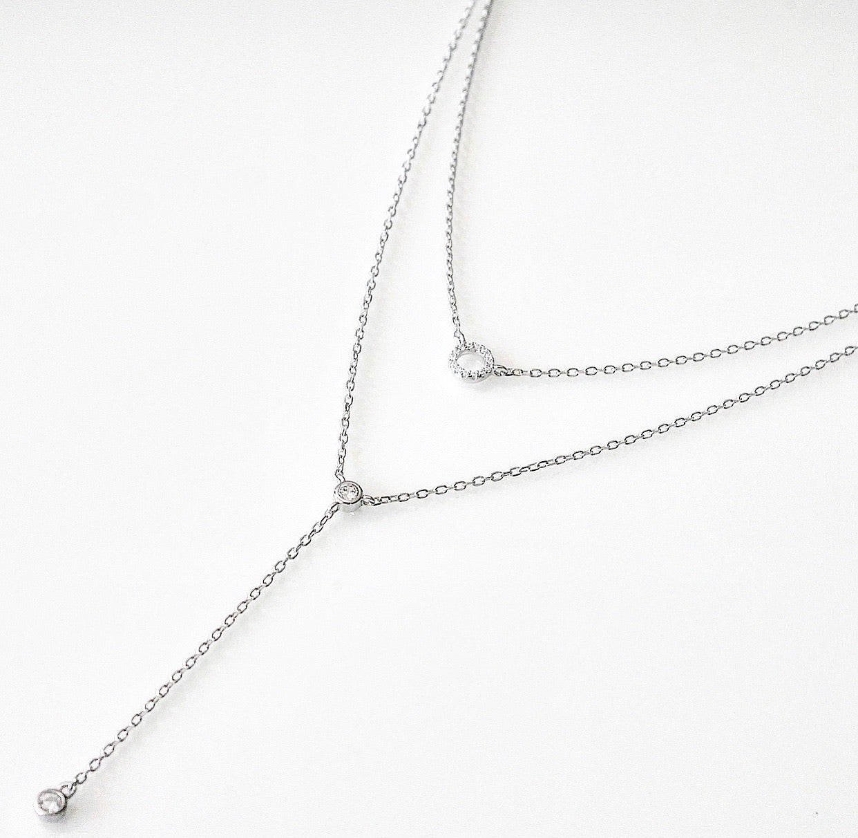 Lariat Silver Necklace, .925 Sterling Silver Diamond Cubic