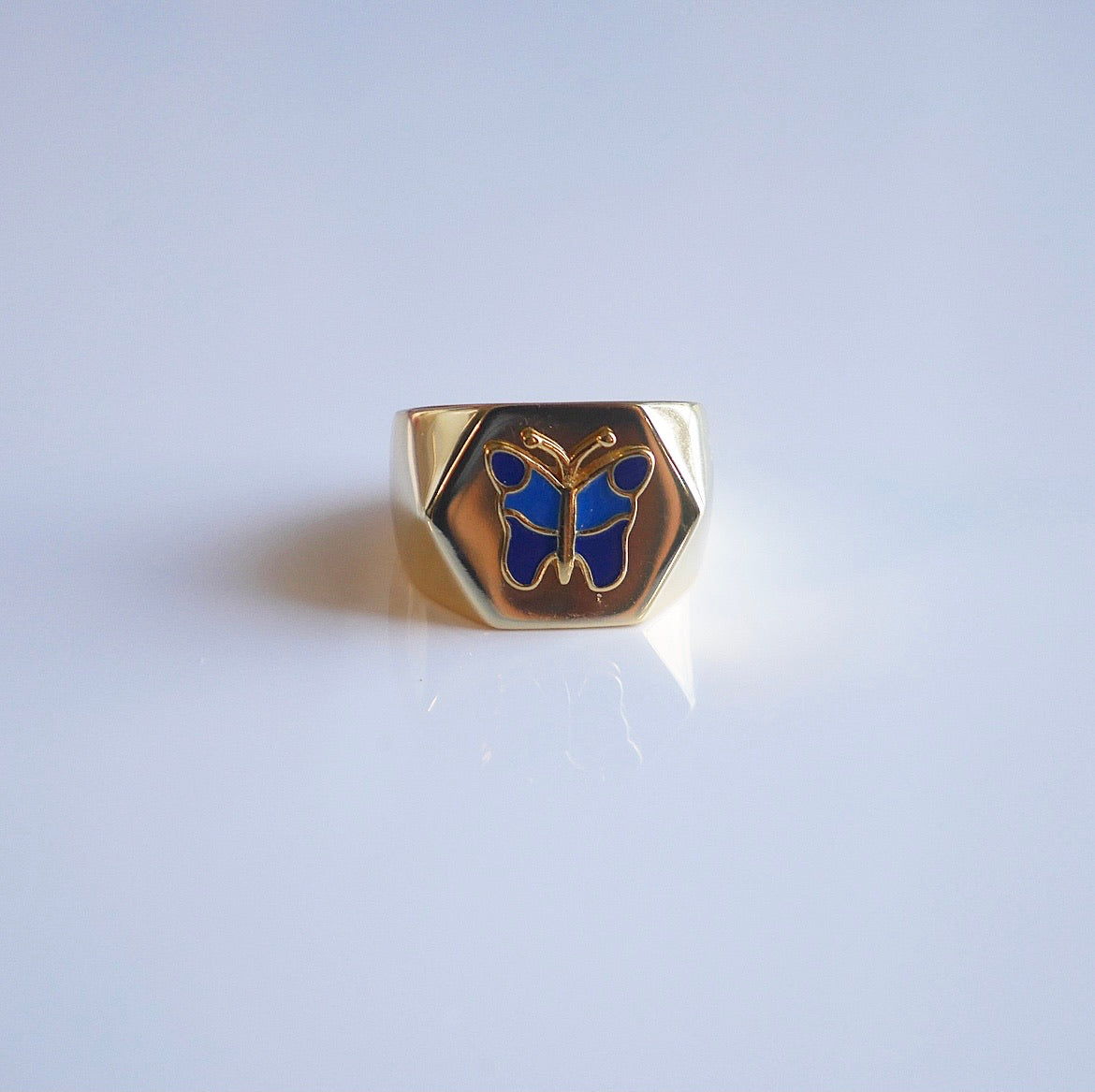 Blue Butterfly Enamel Statement Gold Ring