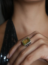 Lemon Quartz Silver Ring, .925 Sterling Silver Natural Gemstone Emerald Cut Cocktail  Statement Ring