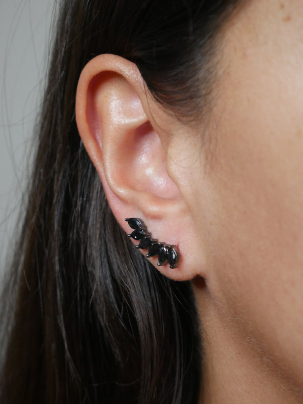 Black Glamorous Leaves CZ Ear Crawler/Pin .925 Sterling Silver Earrings