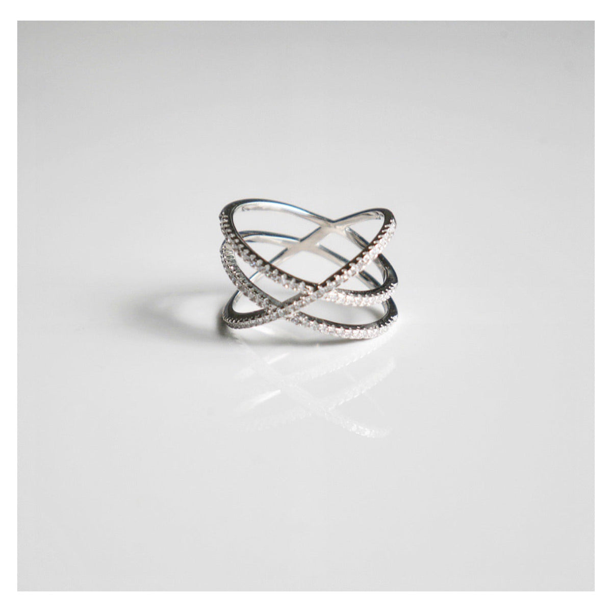 X Ring, Crossed Lovers Diamond CZ .925 Sterling Silver Statement Ring
