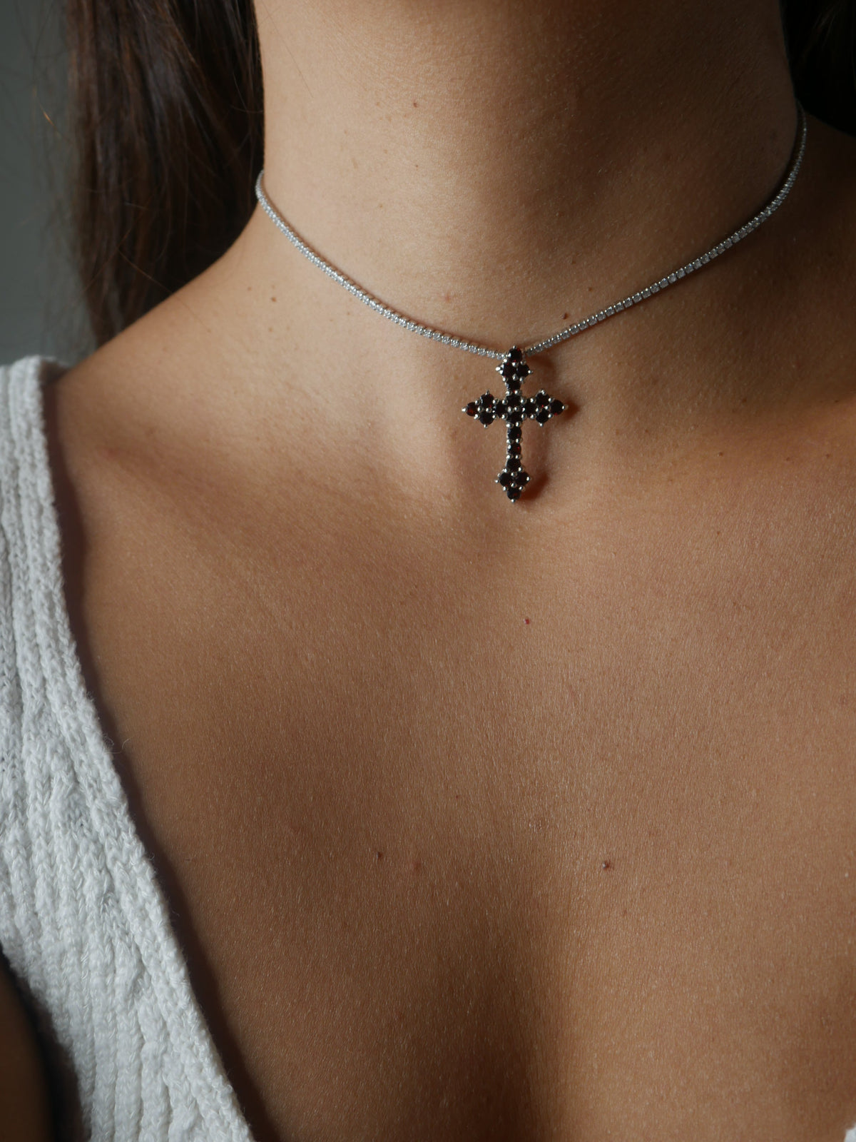 necklaces, silver necklace, Cross Necklace, Garnet Gemstone Cross Pendant. January Birthstone Cross Necklace. Tennis chokers diamond cz rhinestone cubic zirconia choker. Chokers with red cross. Gothic cross necklace. Unique cross necklaces sterling silver, white gold. Religious necklace. Unique cross necklaces. Kesley Boutique , christmas gifts, trending on tiktok, fashion jewelry, statement jewelry, statement necklaces, birthday gifts, anniversary gifts, fine jewelry