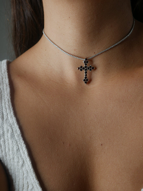 necklaces, silver necklace, Cross Necklace, Garnet Gemstone Cross Pendant. January Birthstone Cross Necklace. Tennis chokers diamond cz rhinestone cubic zirconia choker. Chokers with red cross. Gothic cross necklace. Unique cross necklaces sterling silver, white gold. Religious necklace. Unique cross necklaces. Kesley Boutique , christmas gifts, trending on tiktok, fashion jewelry, statement jewelry, statement necklaces, birthday gifts, anniversary gifts, fine jewelry