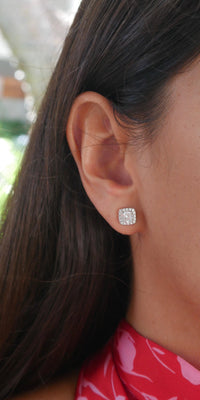 Square Stud Earrings, 925 Sterling Silver Cushion Cut Halo Diamond Cubic ZIrconia Statement Luxury  Earrings