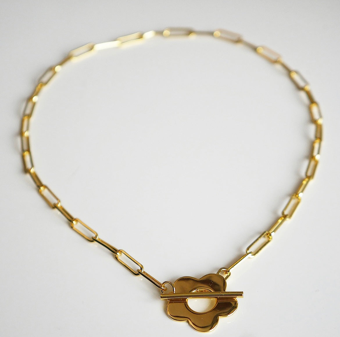 Golden Flower Choker Necklace,  .925 Sterling Silver Paper Clip Links Toggle Short Necklace