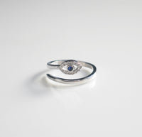 Evil Eye Adjustable Ring, Cubic Zirconia Good Luck Protection Luxury .925 Sterling Silver Ring