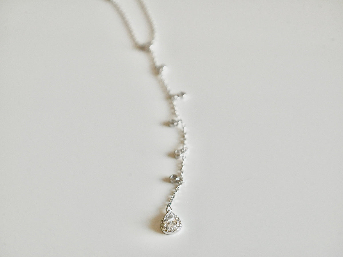 Lariat Y Necklace, .925 Sterling Silver Waterproof Pear Shape Drop Down Diamond CZ Necklace
