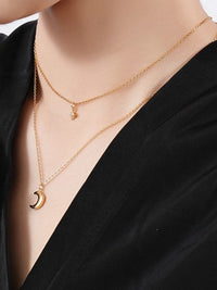 Layered Moon & Star Necklace, 925 Sterling Silver Zircon Necklace, 18k Gold Plated