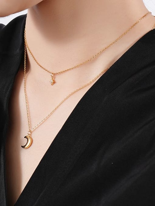 Layered Moon & Star Necklace, 925 Sterling Silver Zircon Necklace, 18k Gold Plated