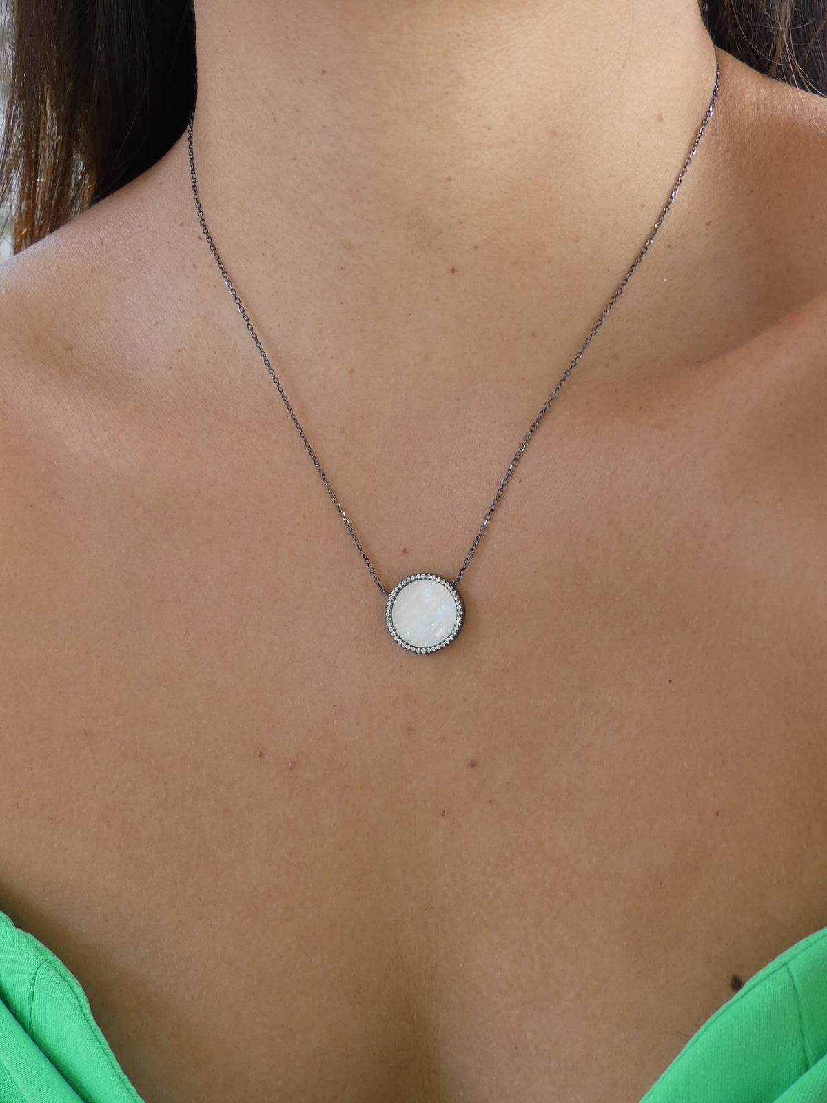 mother of pearl dainty necklace black rhodium jewelry round circle mother of pearl necklace unicorn style Iridescence unique necklaces gift idea cute trending popular unique Jewelry Kesley Boutique  