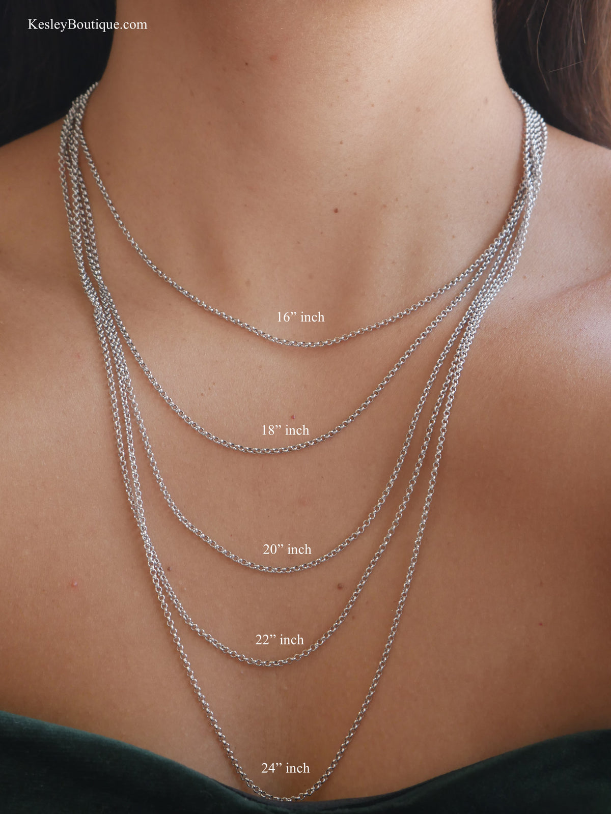 necklace length.how long is a 22 inch chain. How long is a 22 inch chain. how long is a 24" inc chain, how long is a 24" inch chain, how long is a 24 inch chain. single chain for pendant for men and woman. single neclace chains. plain necklace chains in white gold sterling silver .925. Jewelry store in Brickell. Jewelry store in Miami. Kesley Boutique 