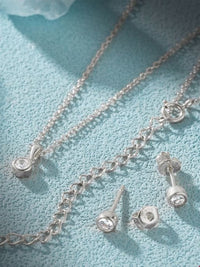 Necklace and Earrings Set, .925 Sterling Silver Bezel Zircon Tiny Dainty Minimalist Necklace