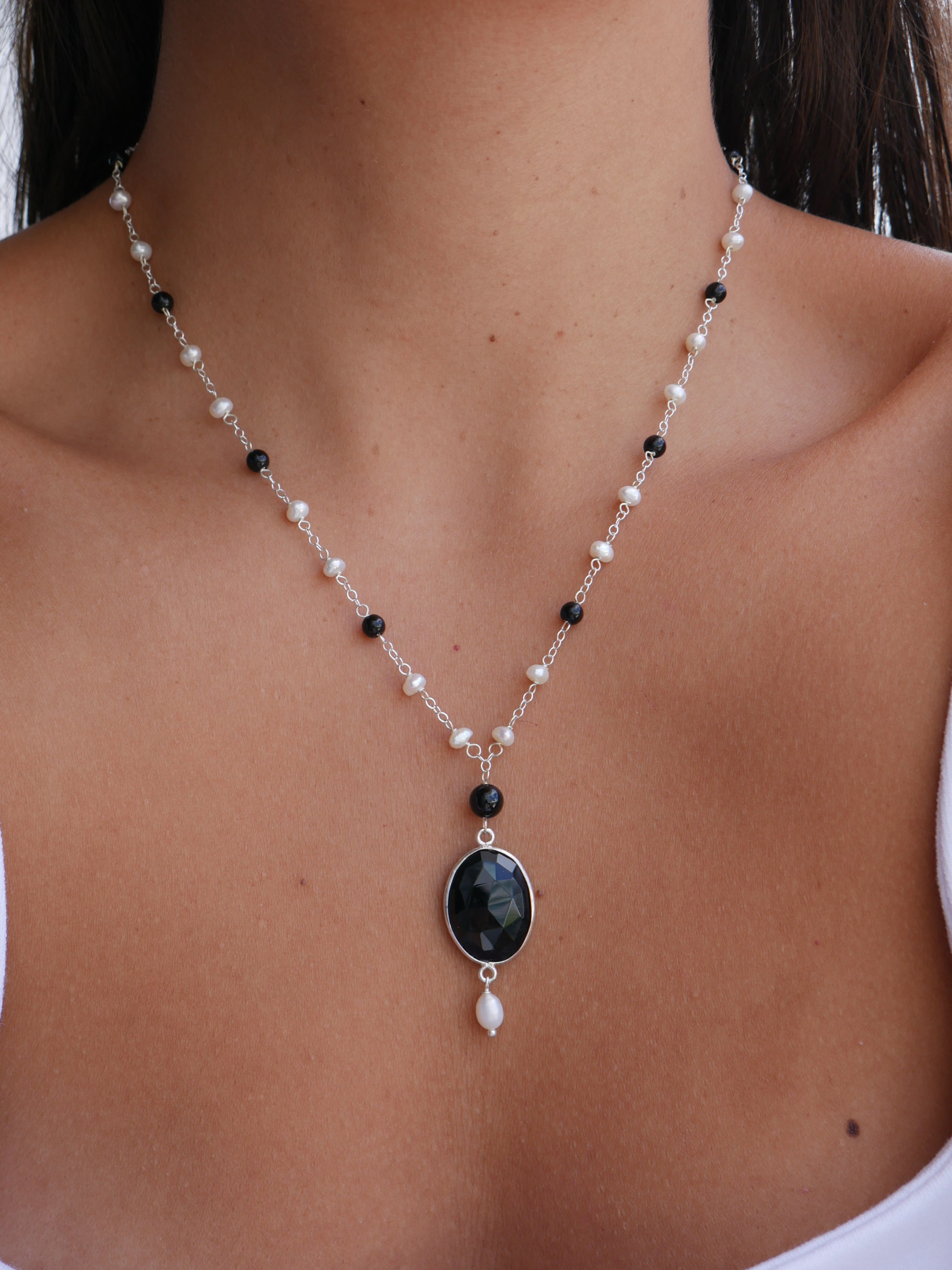 Black Onyx & Pearls Necklace, .925 Sterling Silver Natural Onyx Gemsto –  KESLEY